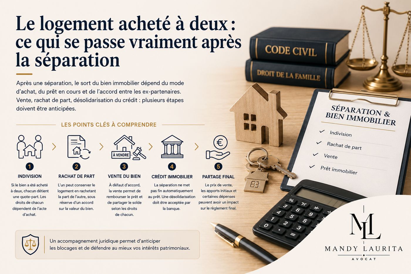 Logement acheté à deux après un divorce : indivision, soulte, vente, licitation (infographie)